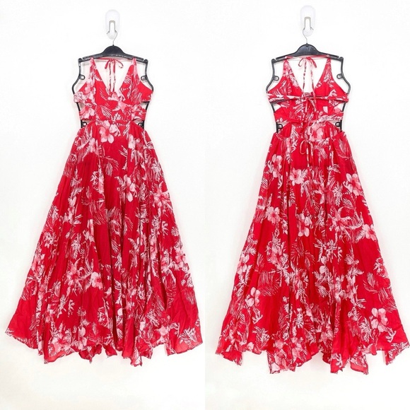 Free People Lille Maxi Halter Dress Red Raspberry Floral Cotton Size M - Picture 6 of 8